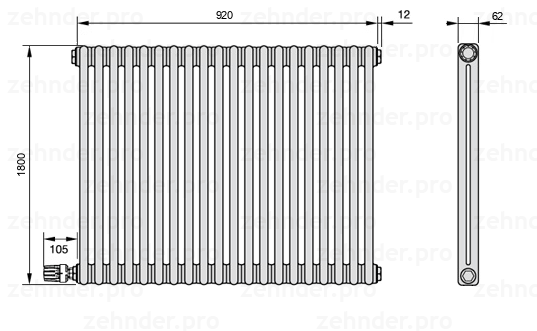Схема (чертеж) Радиатор Zehnder Charleston 2180/20 №V003 Technoline TL